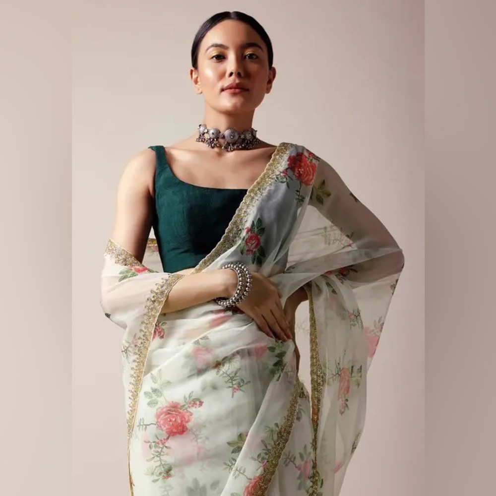 Off white Saree In Organza With Floral Print And Cut Dana Work Along With Blouse